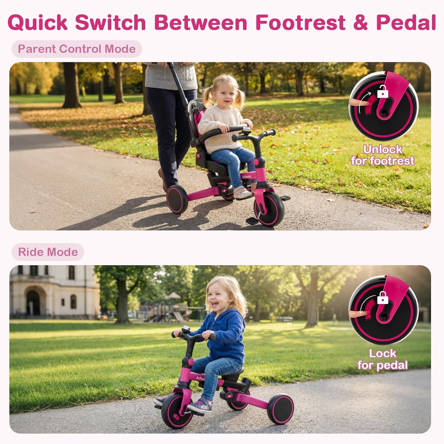 OLAKIDS 9-in-1 Foldable Toddlers Tricycle, Converts Stroller to Balance Bike with Adjustable Push Handle for 1-6 Years