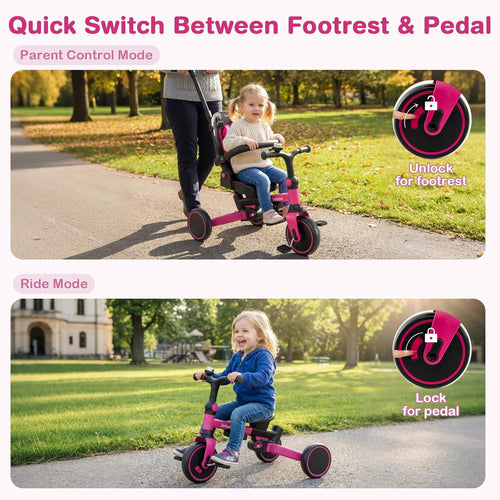 OLAKIDS 9-in-1 Foldable Toddlers Tricycle, Converts Stroller to Balance Bike with Adjustable Push Handle for 1-6 Years