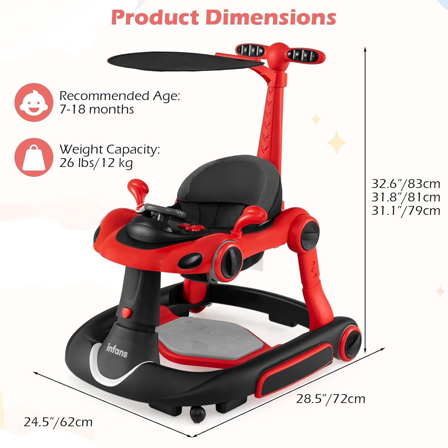 INFANS 6-in-1 Baby Walker, Converts Push Car to Bouncer, Rocker with Music, Lights, Adjustable Height & Speed, Activity Center, Canopy for 7-18 Months