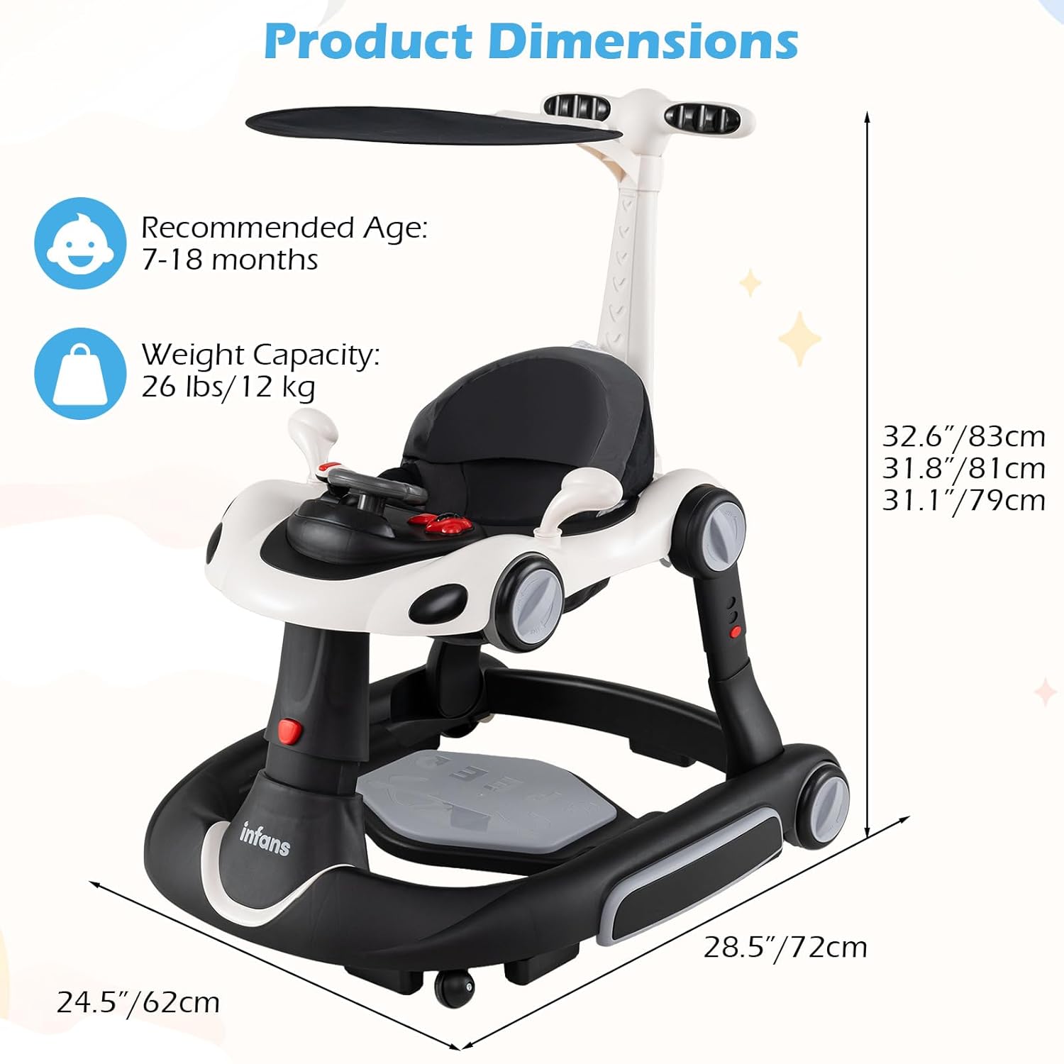 INFANS 6-in-1 Baby Walker, Converts Push Car to Bouncer, Rocker with Music, Lights, Adjustable Height & Speed, Activity Center, Canopy for 7-18 Months