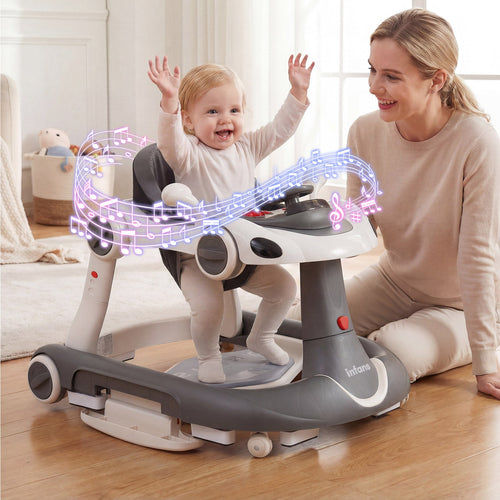 INFANS 6-in-1 Baby Walker, Converts Push Car to Bouncer, Rocker with Music, Lights, Adjustable Height & Speed, Activity Center, Canopy for 7-18 Months