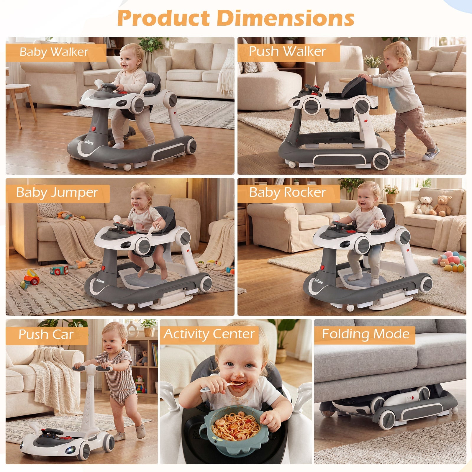 INFANS 6-in-1 Baby Walker, Converts Push Car to Bouncer, Rocker with Music, Lights, Adjustable Height & Speed, Activity Center, Canopy for 7-18 Months