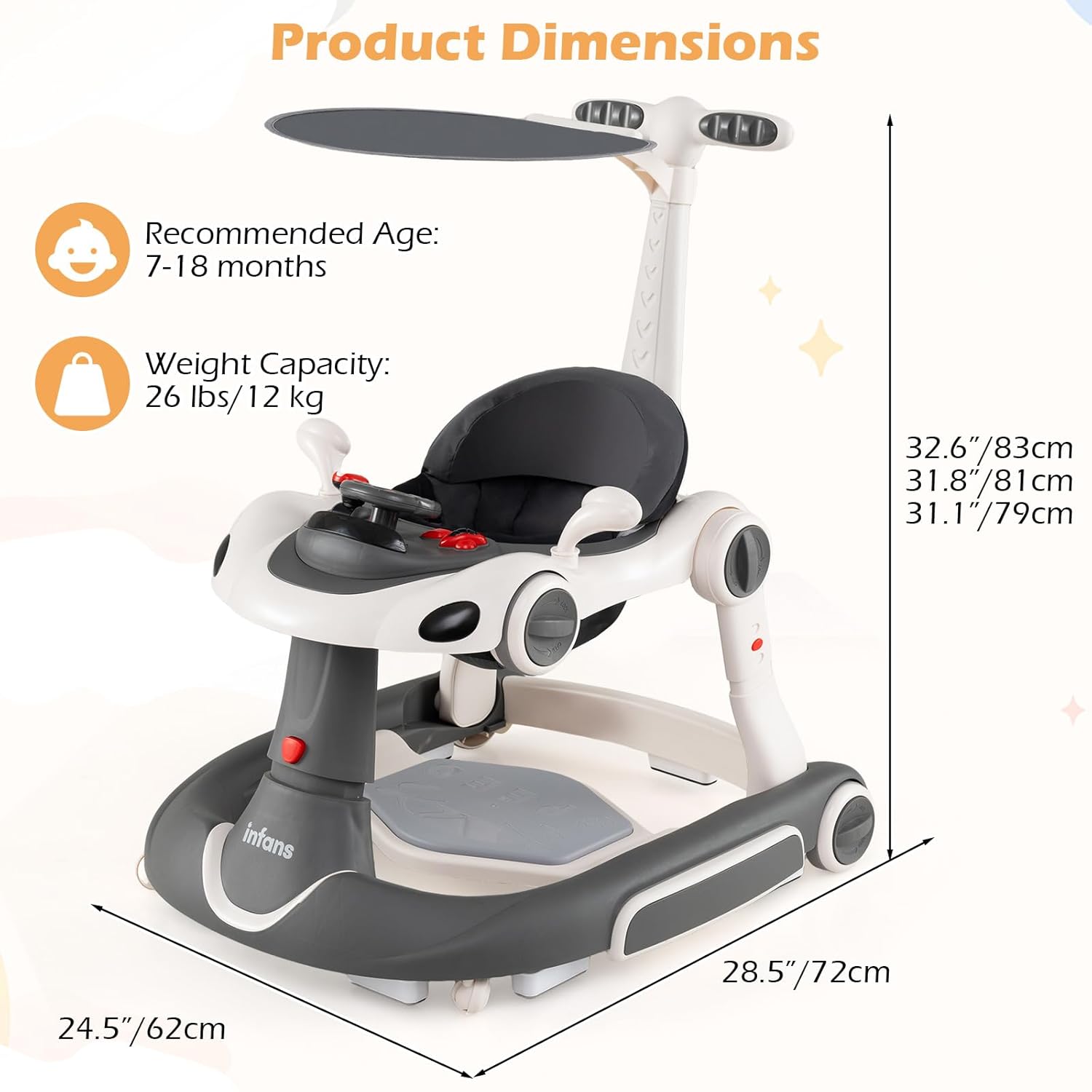 INFANS 6-in-1 Baby Walker, Converts Push Car to Bouncer, Rocker with Music, Lights, Adjustable Height & Speed, Activity Center, Canopy for 7-18 Months