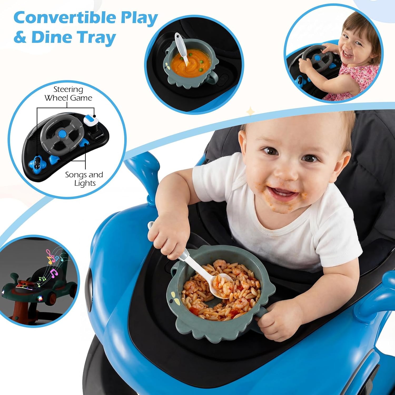 INFANS 6-in-1 Baby Walker, Converts Push Car to Bouncer, Rocker with Music, Lights, Adjustable Height & Speed, Activity Center, Canopy for 7-18 Months
