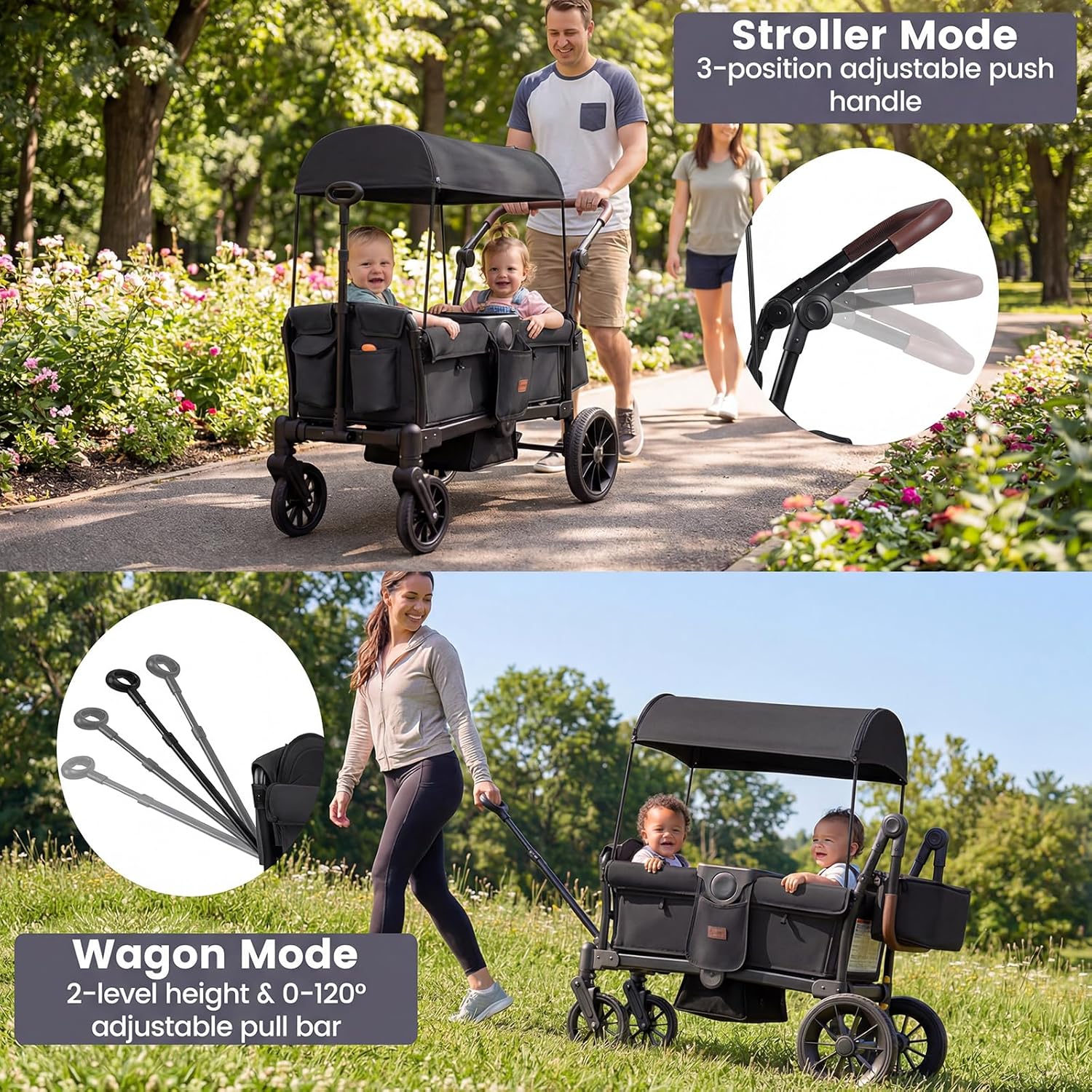 INFANS Wagon Stroller for 2 Kids Foldable Wagon Cart with Adjustable Handle Pull Bar for Infants Toddlers 6-36 Months
