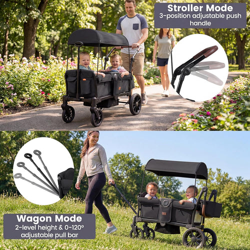 INFANS Wagon Stroller for 2 Kids Foldable Wagon Cart with Adjustable Handle Pull Bar for Infants Toddlers 6-36 Months