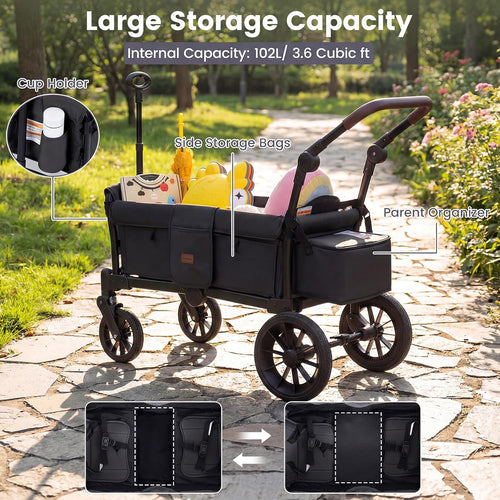 INFANS Wagon Stroller for 2 Kids Foldable Wagon Cart with Adjustable Handle Pull Bar for Infants Toddlers 6-36 Months