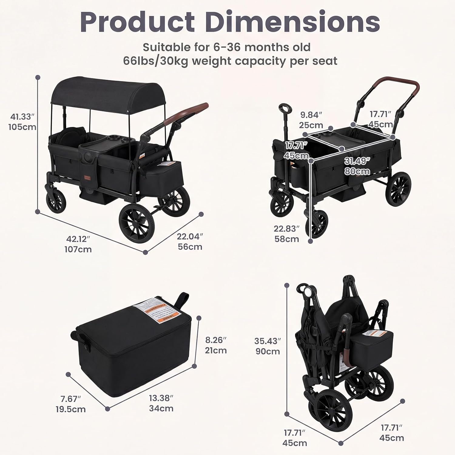 INFANS Wagon Stroller for 2 Kids Foldable Wagon Cart with Adjustable Handle Pull Bar for Infants Toddlers 6-36 Months