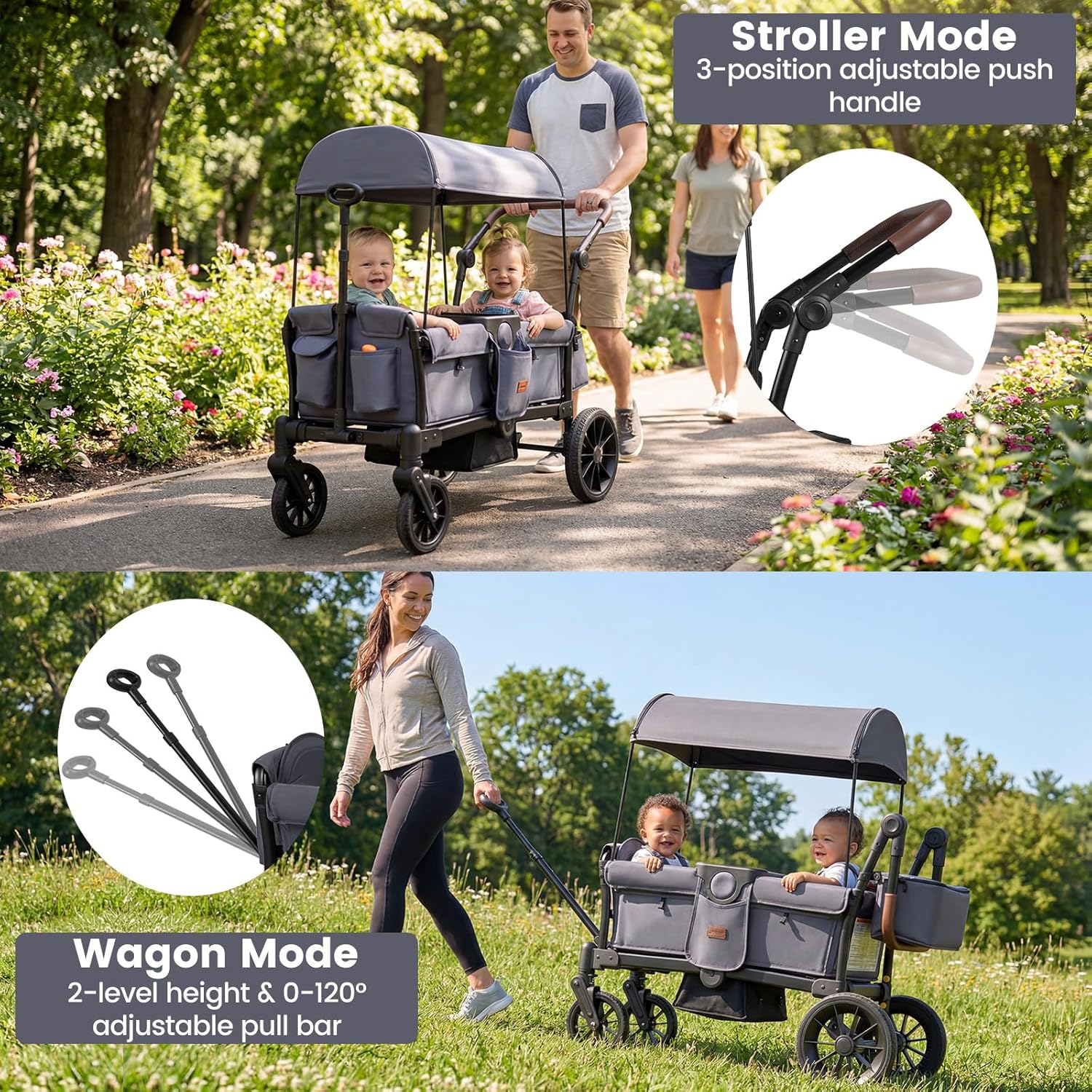 INFANS Wagon Stroller for 2 Kids Foldable Wagon Cart with Adjustable Handle Pull Bar for Infants Toddlers 6-36 Months