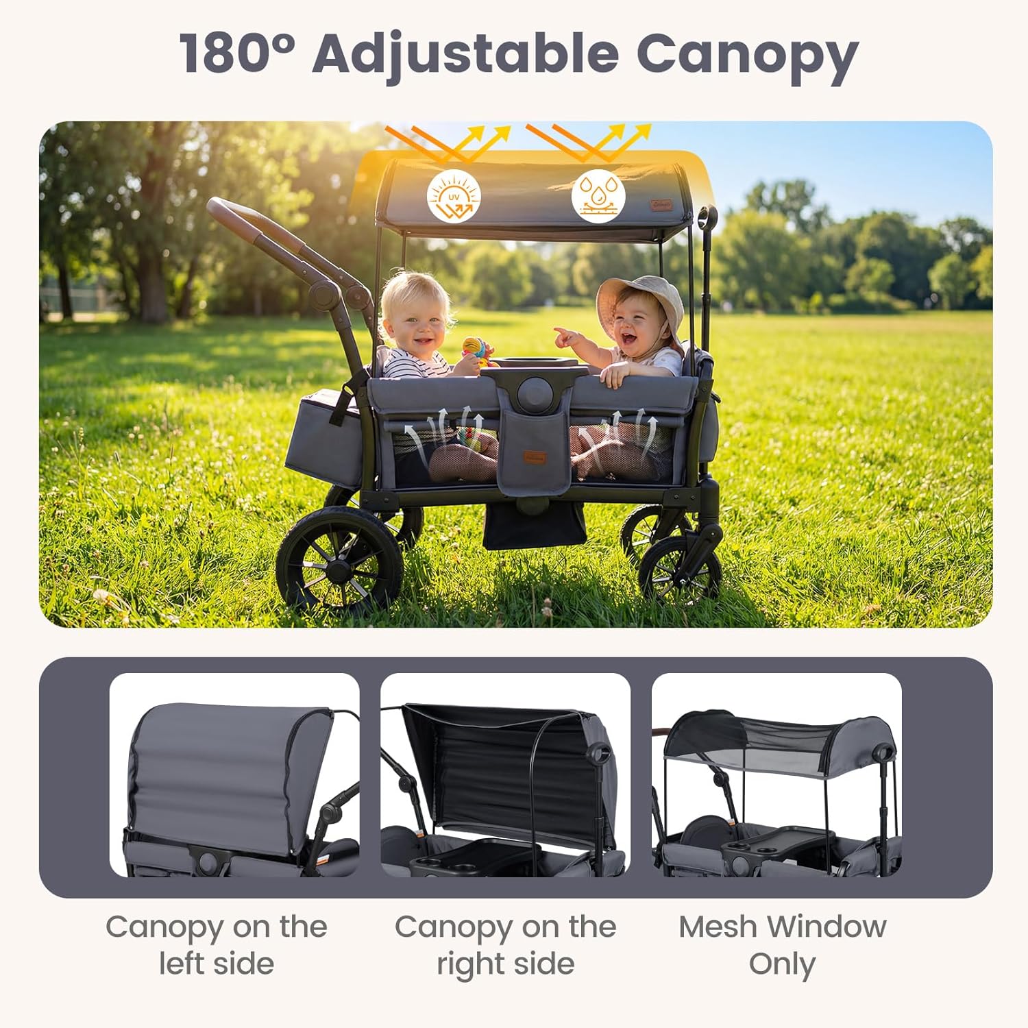 INFANS Wagon Stroller for 2 Kids Foldable Wagon Cart with Adjustable Handle Pull Bar for Infants Toddlers 6-36 Months