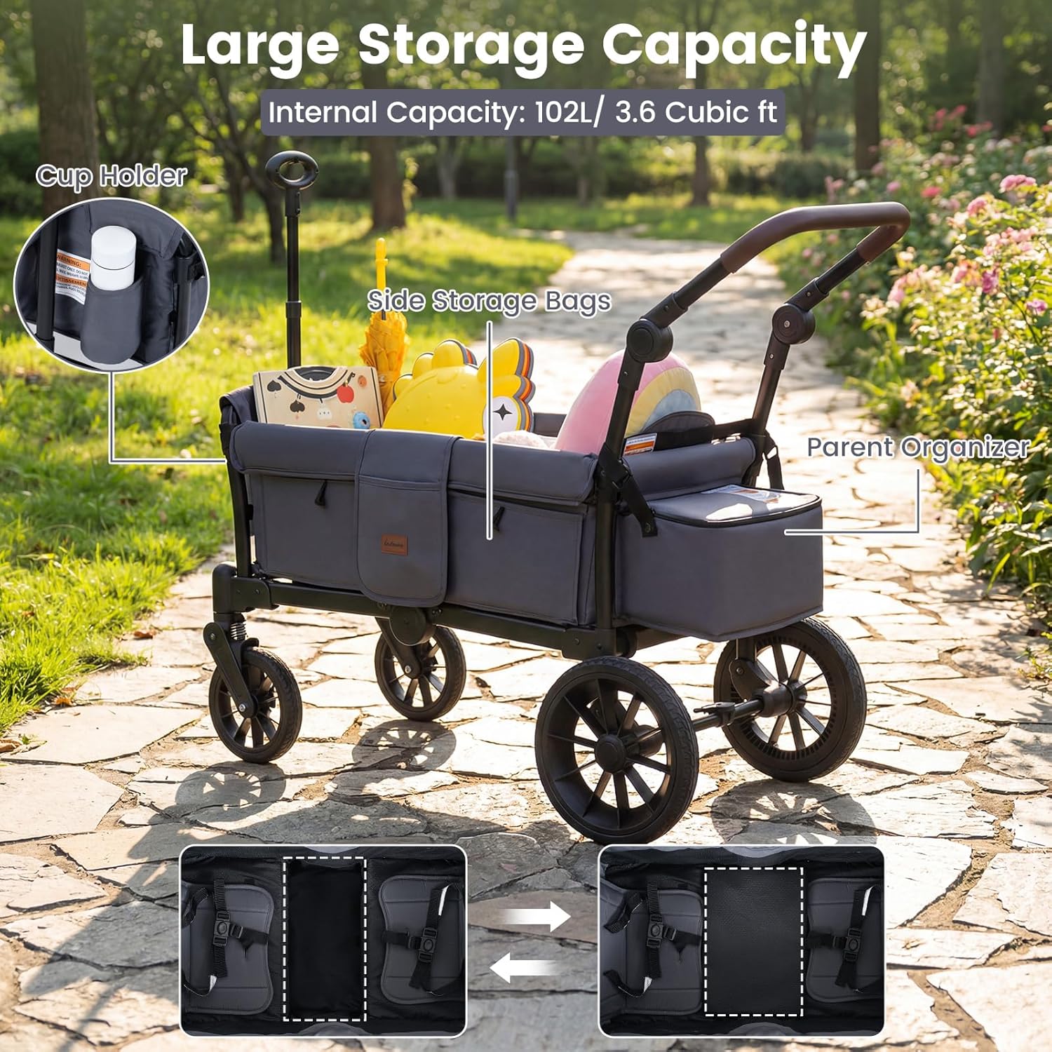 INFANS Wagon Stroller for 2 Kids Foldable Wagon Cart with Adjustable Handle Pull Bar for Infants Toddlers 6-36 Months