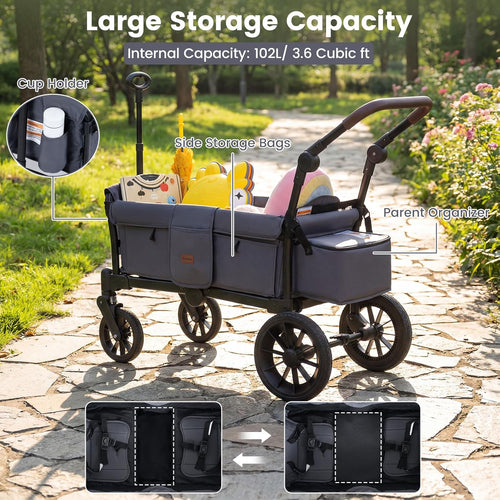 INFANS Wagon Stroller for 2 Kids Foldable Wagon Cart with Adjustable Handle Pull Bar for Infants Toddlers 6-36 Months