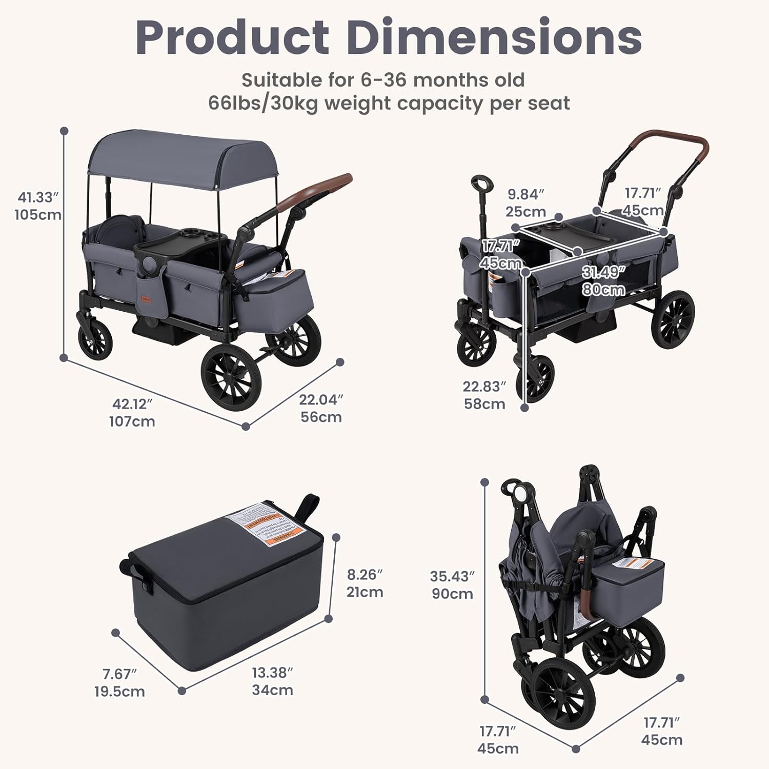 INFANS Wagon Stroller for 2 Kids Foldable Wagon Cart with Adjustable Handle Pull Bar for Infants Toddlers 6-36 Months