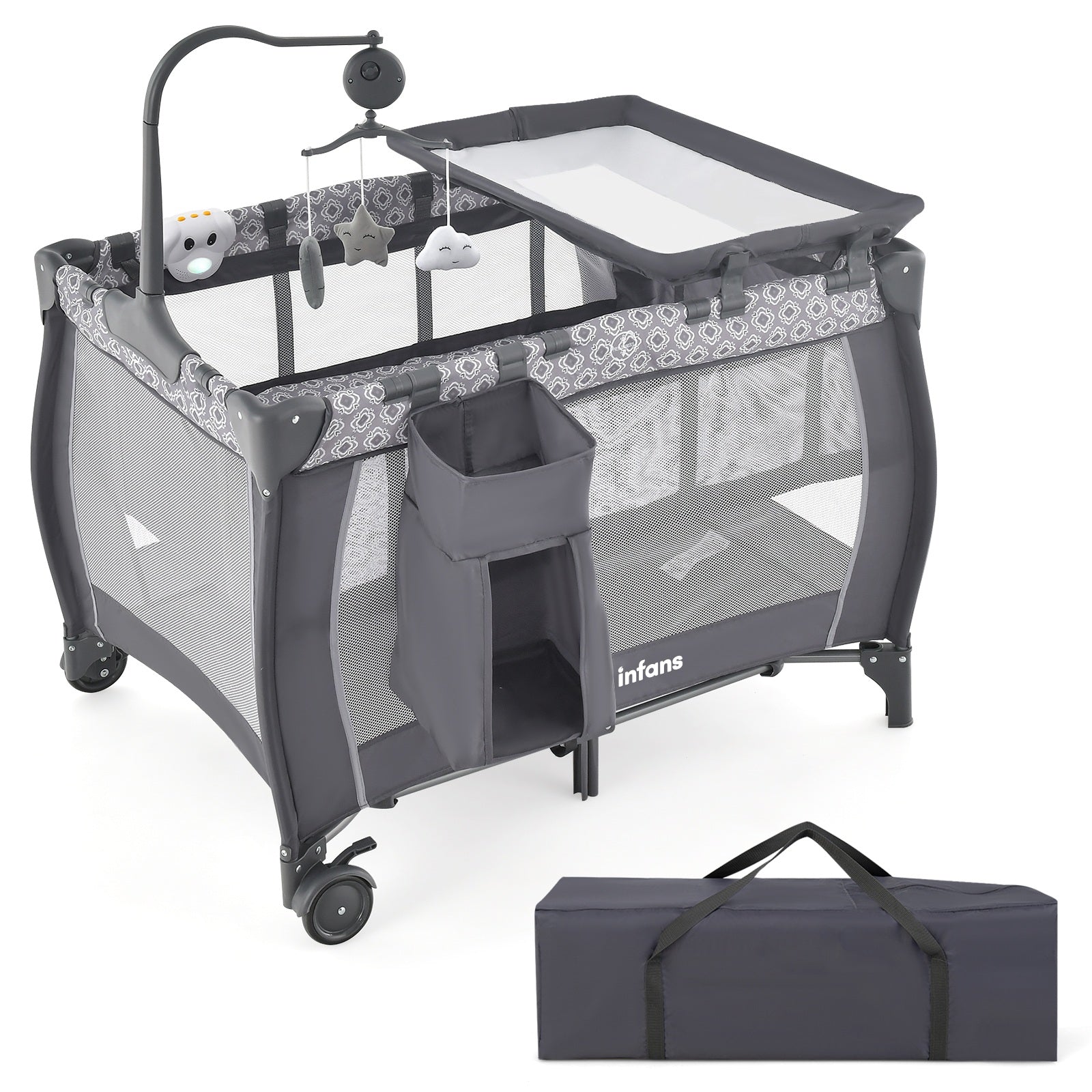 INFANS 3 in 1 Pack and Play, Portable Travel Baby Crib Bassinet with Detachable Mattress, Newborn Changing Table, Foldable Playpen