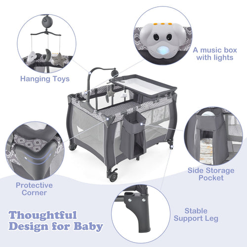INFANS 3 in 1 Pack and Play, Portable Travel Baby Crib Bassinet with Detachable Mattress, Newborn Changing Table, Foldable Playpen