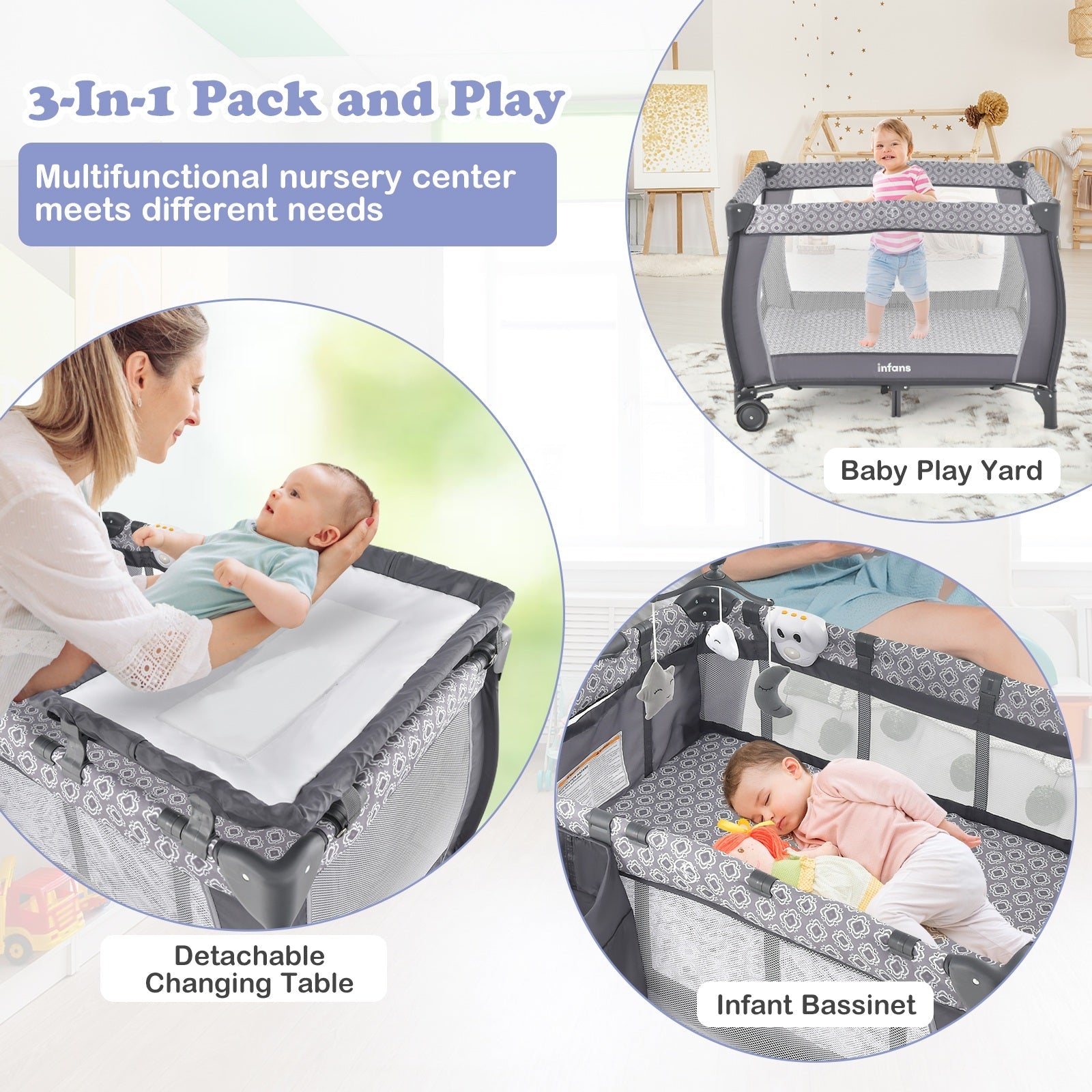 INFANS 3 in 1 Pack and Play, Portable Travel Baby Crib Bassinet with Detachable Mattress, Newborn Changing Table, Foldable Playpen