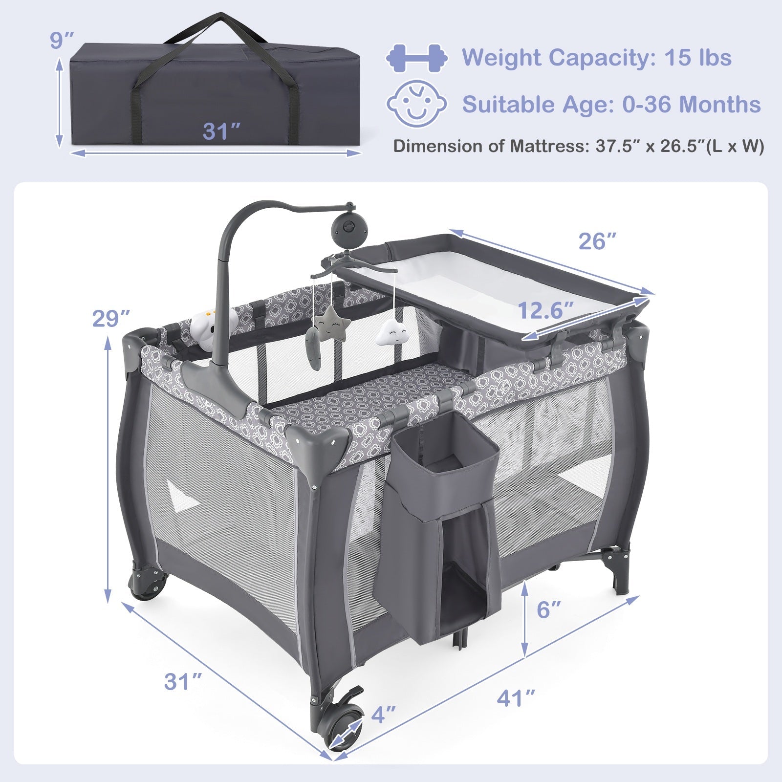 INFANS 3 in 1 Pack and Play, Portable Travel Baby Crib Bassinet with Detachable Mattress, Newborn Changing Table, Foldable Playpen