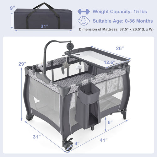 INFANS 3 in 1 Pack and Play, Portable Travel Baby Crib Bassinet with Detachable Mattress, Newborn Changing Table, Foldable Playpen