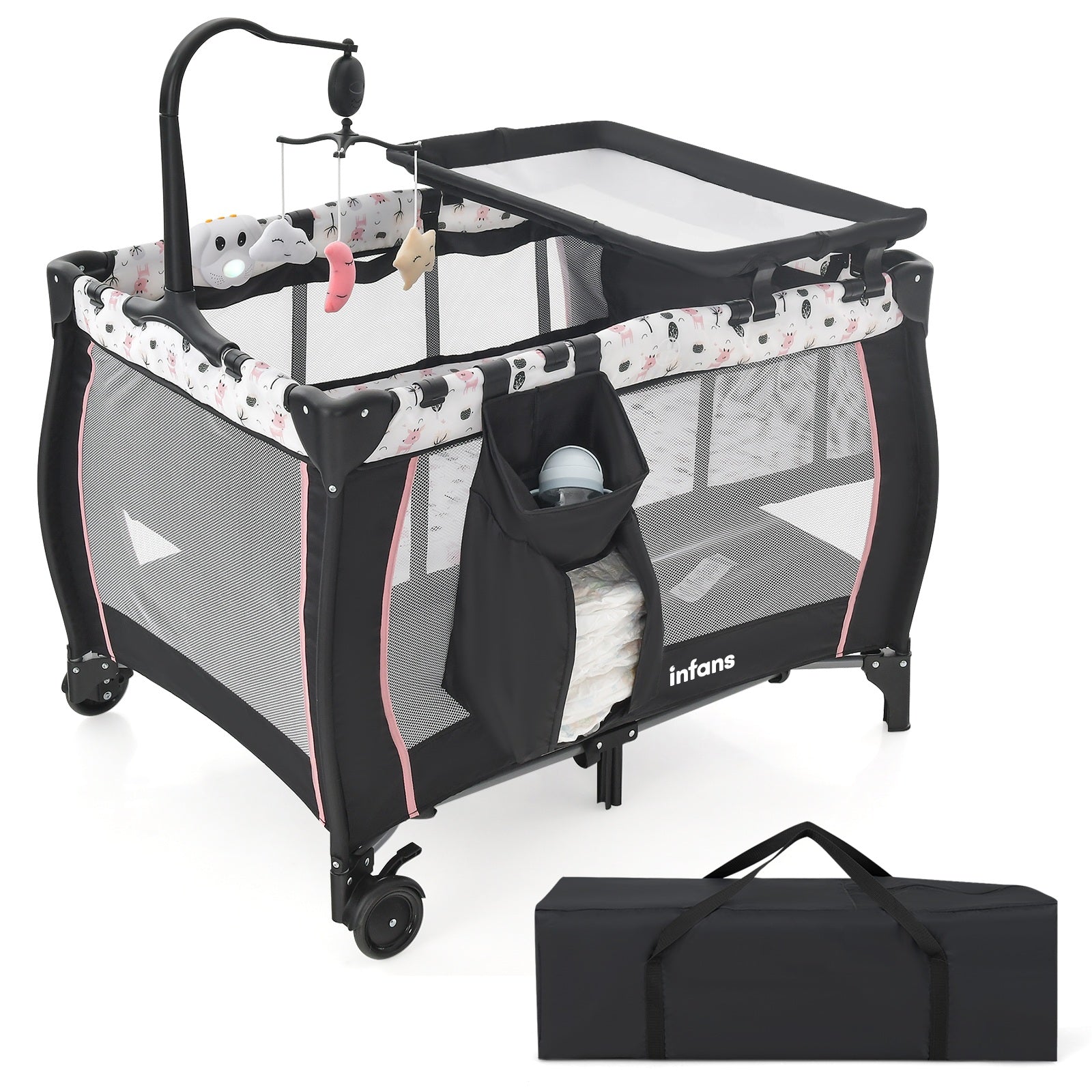 INFANS 3 in 1 Pack and Play, Portable Travel Baby Crib Bassinet with Detachable Mattress, Newborn Changing Table, Foldable Playpen