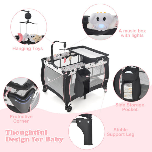 INFANS 3 in 1 Pack and Play, Portable Travel Baby Crib Bassinet with Detachable Mattress, Newborn Changing Table, Foldable Playpen