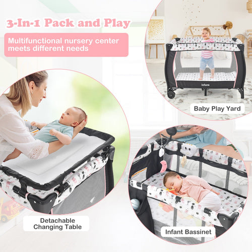INFANS 3 in 1 Pack and Play, Portable Travel Baby Crib Bassinet with Detachable Mattress, Newborn Changing Table, Foldable Playpen