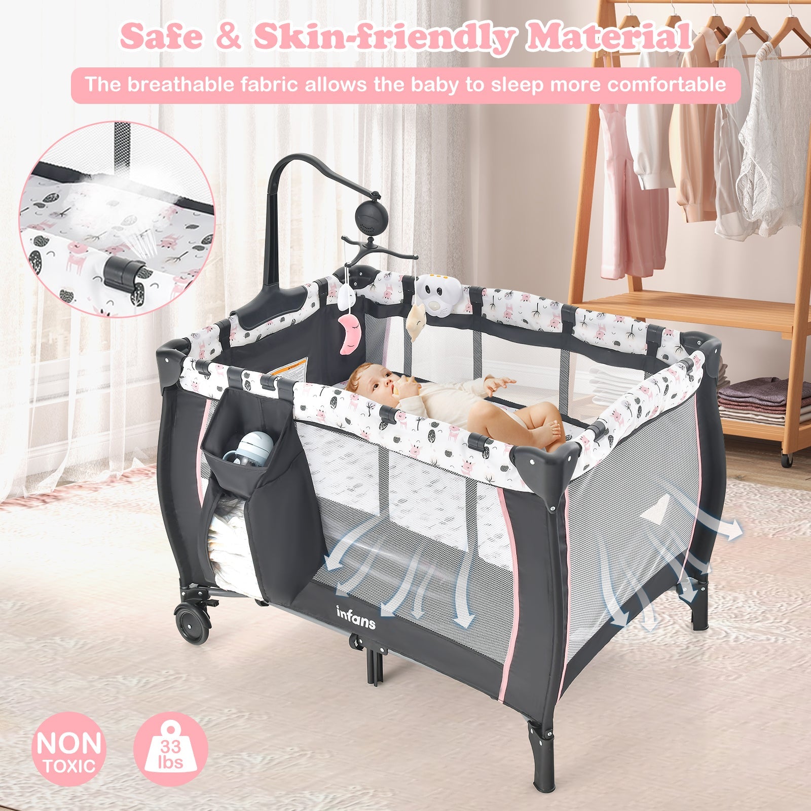 INFANS 3 in 1 Pack and Play, Portable Travel Baby Crib Bassinet with Detachable Mattress, Newborn Changing Table, Foldable Playpen