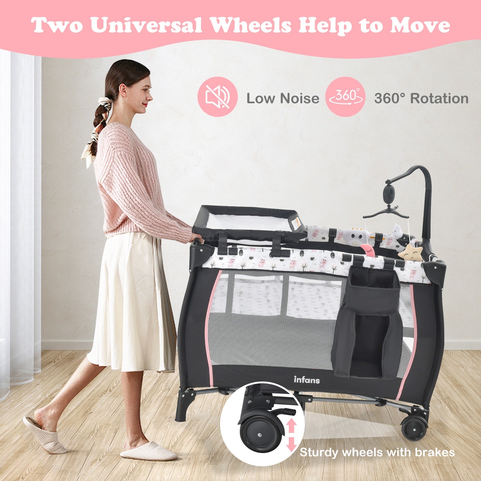 INFANS 3 in 1 Pack and Play, Portable Travel Baby Crib Bassinet with Detachable Mattress, Newborn Changing Table, Foldable Playpen