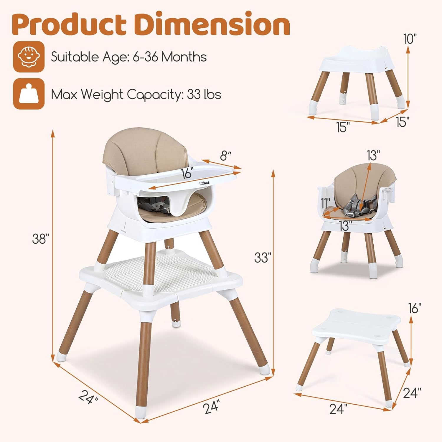 INFANS Baby High Chair 9 in 1 Convertible Highchair for Babies and Toddlers
