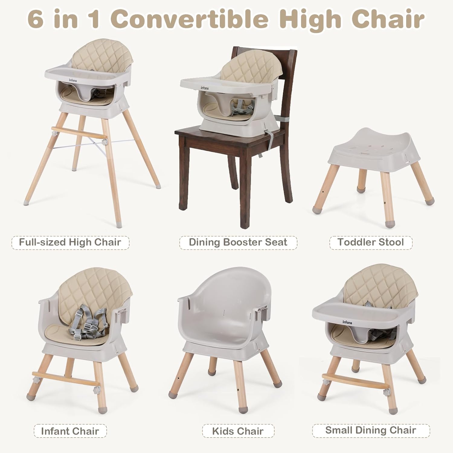 INFANS Baby High Chair 6 in 1 Wooden Convertible Highchair for Babies and Toddlers