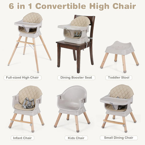 INFANS Baby High Chair 6 in 1 Wooden Convertible Highchair for Babies and Toddlers