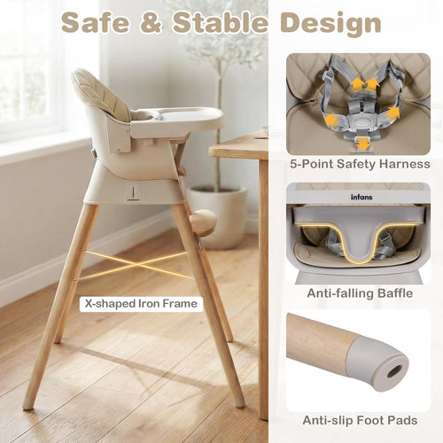 INFANS Baby High Chair 6 in 1 Wooden Convertible Highchair for Babies and Toddlers
