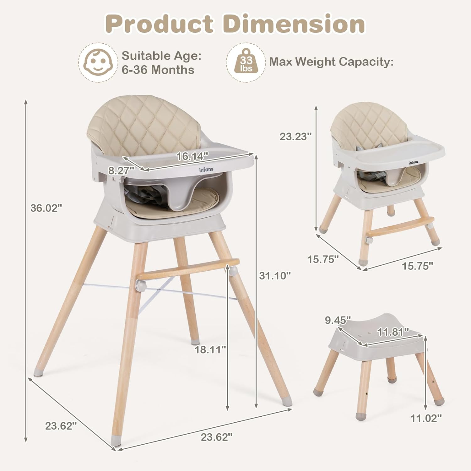 INFANS Baby High Chair 6 in 1 Wooden Convertible Highchair for Babies and Toddlers