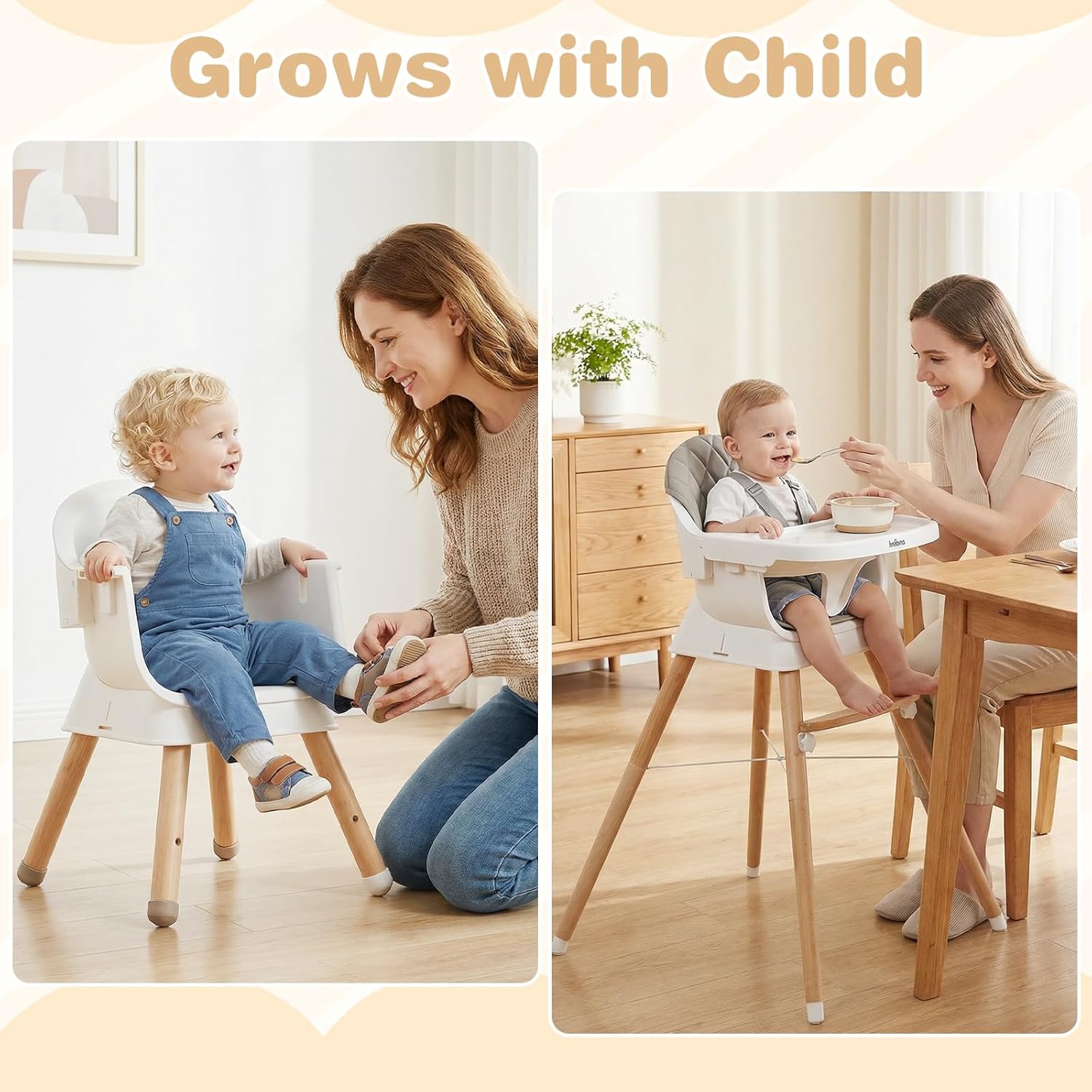 INFANS Baby High Chair 6 in 1 Wooden Convertible Highchair for Babies and Toddlers