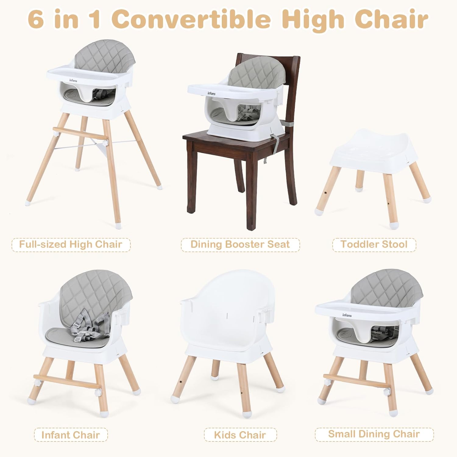 INFANS Baby High Chair 6 in 1 Wooden Convertible Highchair for Babies and Toddlers