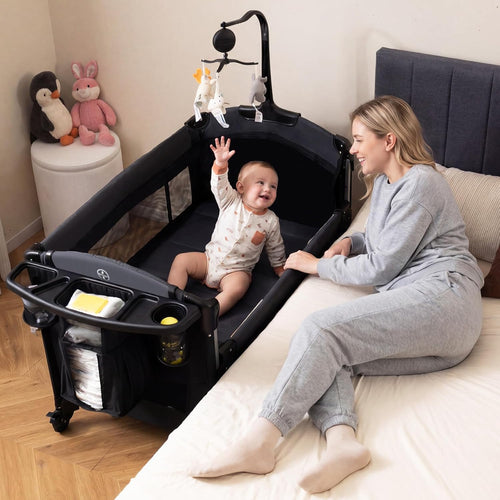 INFANS 4-in-1 Baby Bassinet-Pack & Play Convertible, Bedside Crib with Diaper Changer, Mattress & Hanging Toys