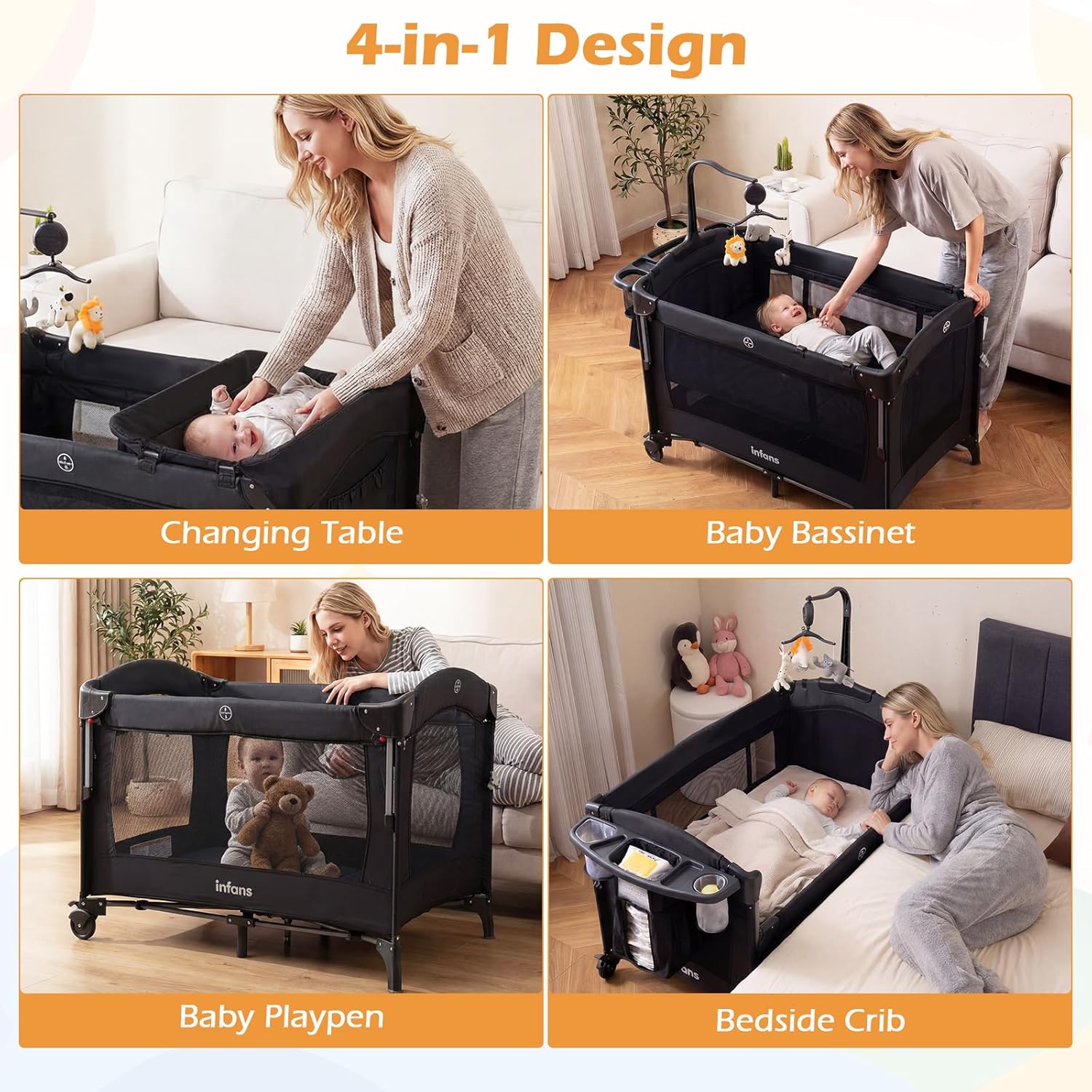 INFANS 4-in-1 Baby Bassinet-Pack & Play Convertible, Bedside Crib with Diaper Changer, Mattress & Hanging Toys