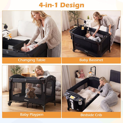 INFANS 4-in-1 Baby Bassinet-Pack & Play Convertible, Bedside Crib with Diaper Changer, Mattress & Hanging Toys