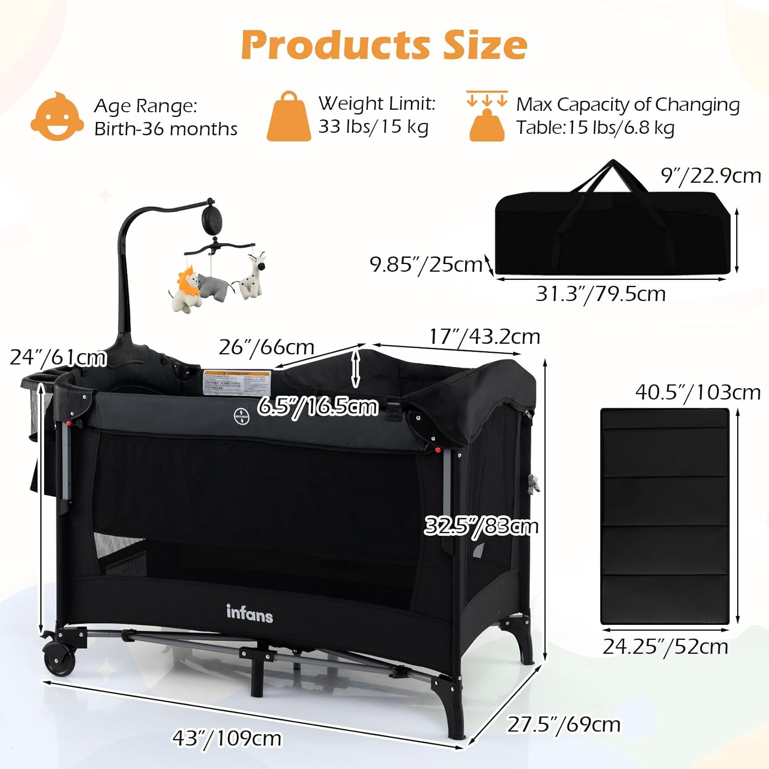 INFANS 4-in-1 Baby Bassinet-Pack & Play Convertible, Bedside Crib with Diaper Changer, Mattress & Hanging Toys