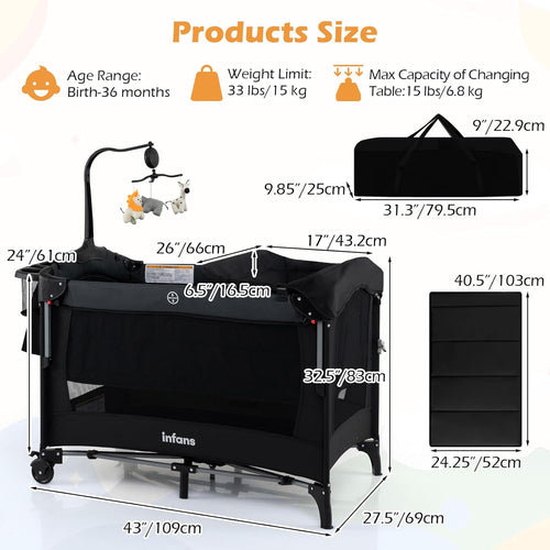 INFANS 4-in-1 Baby Bassinet-Pack & Play Convertible, Bedside Crib with Diaper Changer, Mattress & Hanging Toys
