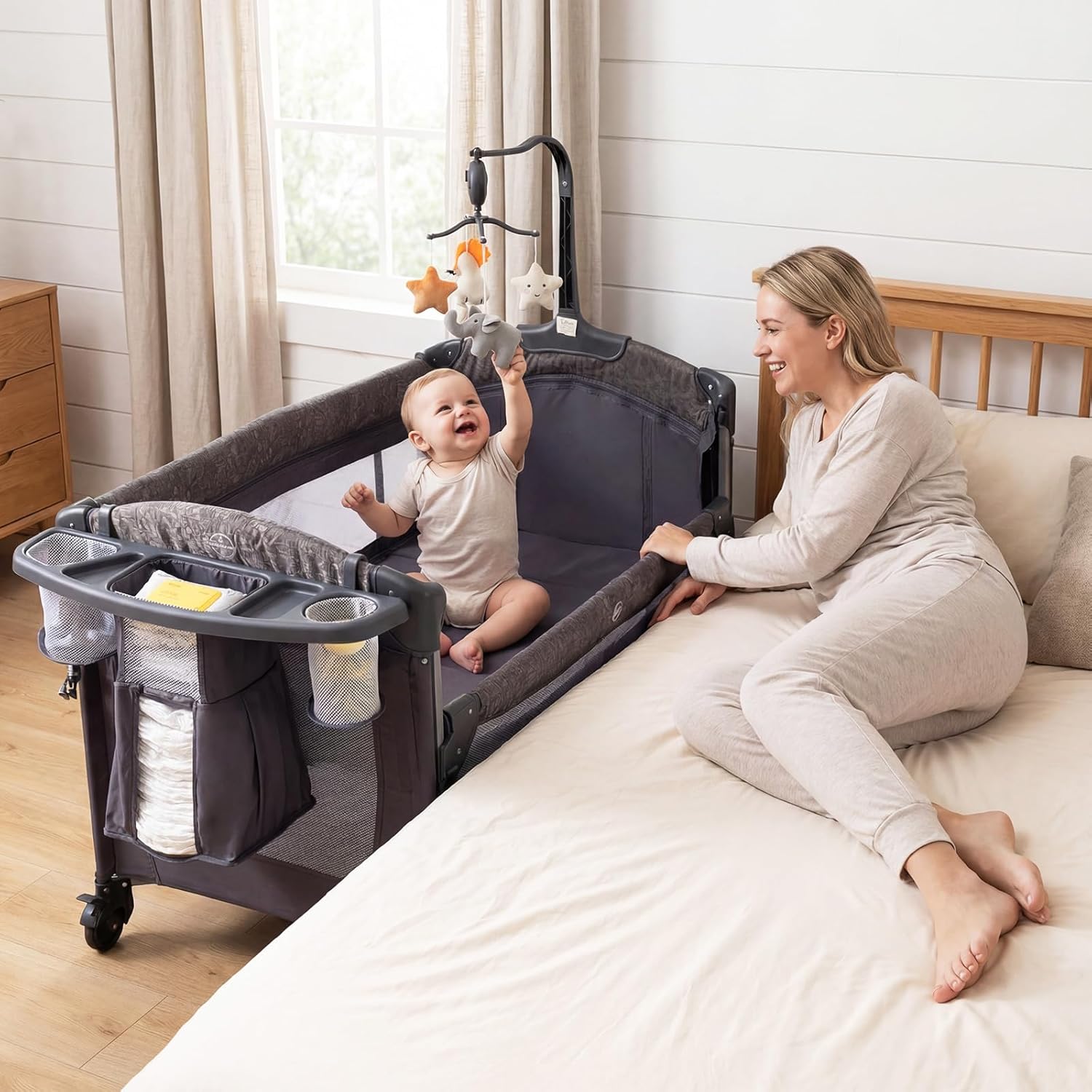 INFANS 4-in-1 Baby Bassinet-Pack & Play Convertible, Bedside Crib with Diaper Changer, Mattress & Hanging Toys