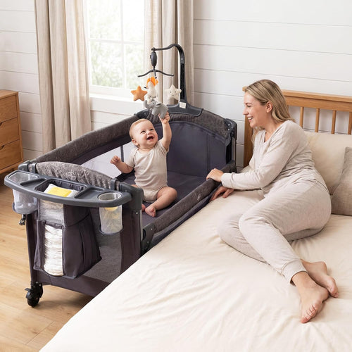 INFANS 4-in-1 Baby Bassinet-Pack & Play Convertible, Bedside Crib with Diaper Changer, Mattress & Hanging Toys