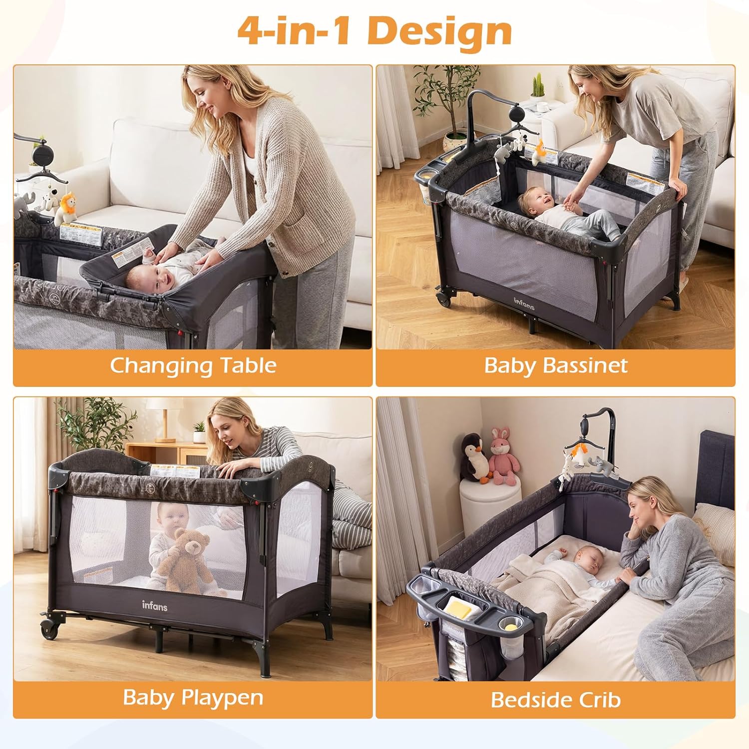 INFANS 4-in-1 Baby Bassinet-Pack & Play Convertible, Bedside Crib with Diaper Changer, Mattress & Hanging Toys
