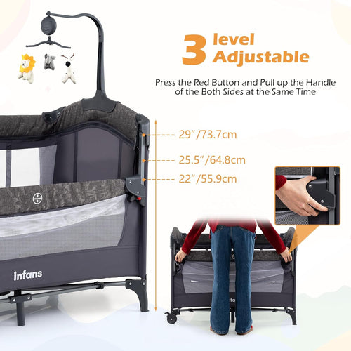 INFANS 4-in-1 Baby Bassinet-Pack & Play Convertible, Bedside Crib with Diaper Changer, Mattress & Hanging Toys