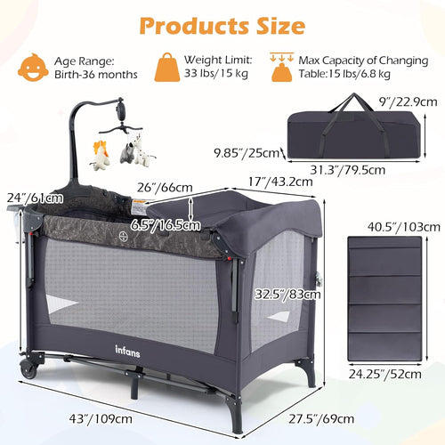 INFANS 4-in-1 Baby Bassinet-Pack & Play Convertible, Bedside Crib with Diaper Changer, Mattress & Hanging Toys