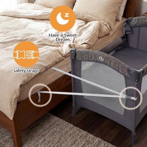 INFANS 4-in-1 Baby Bassinet-Pack & Play Convertible, Bedside Crib with Diaper Changer, Mattress & Hanging Toys