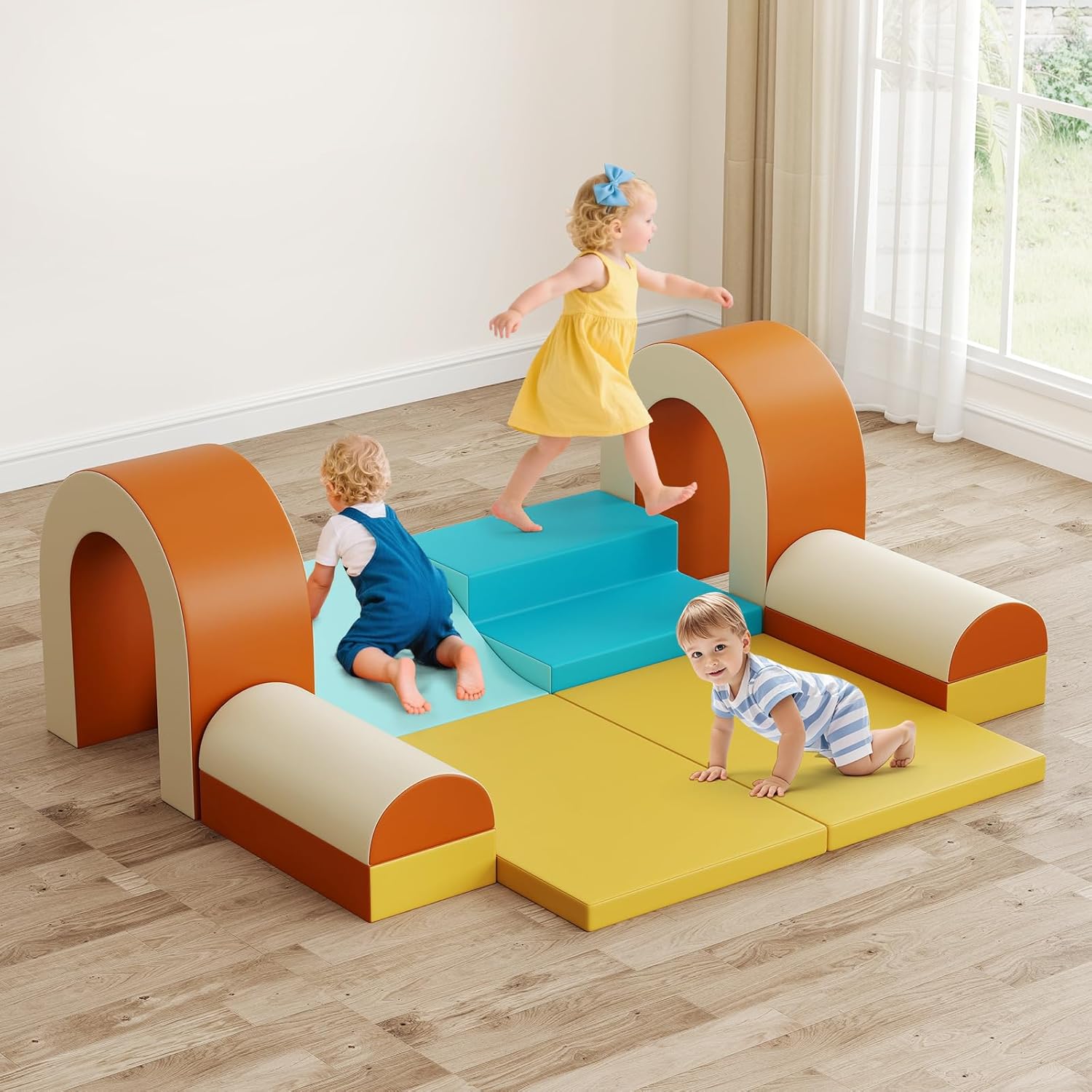 Olakids Toddler Climbing Toys Indoor, 10 Pieces Baby Foam Blocks Soft Play Set with PU Leather for 1+ Years