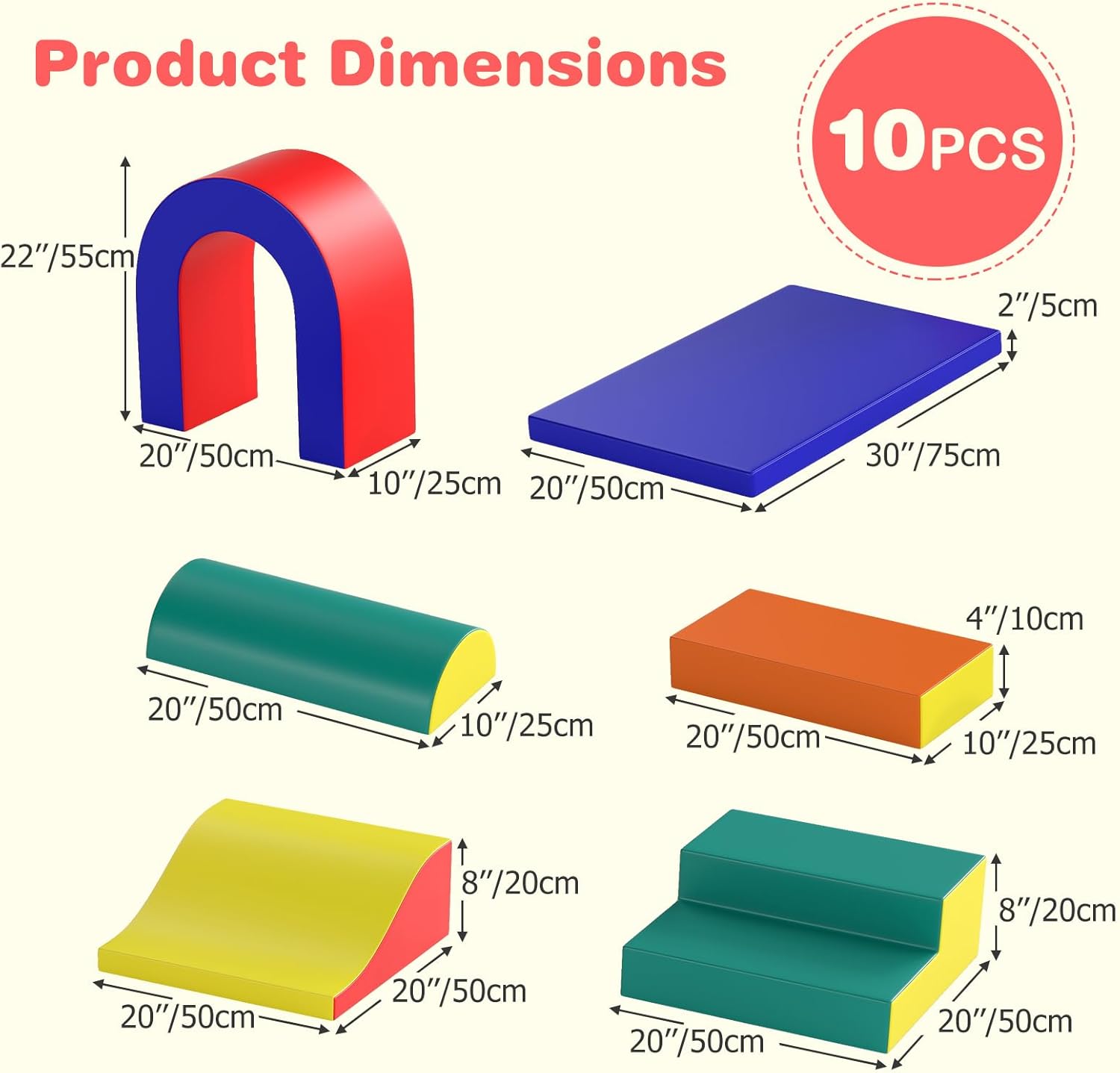 Olakids Toddler Climbing Toys Indoor, 10 Pieces Baby Foam Blocks Soft Play Set with PU Leather for 1+ Years