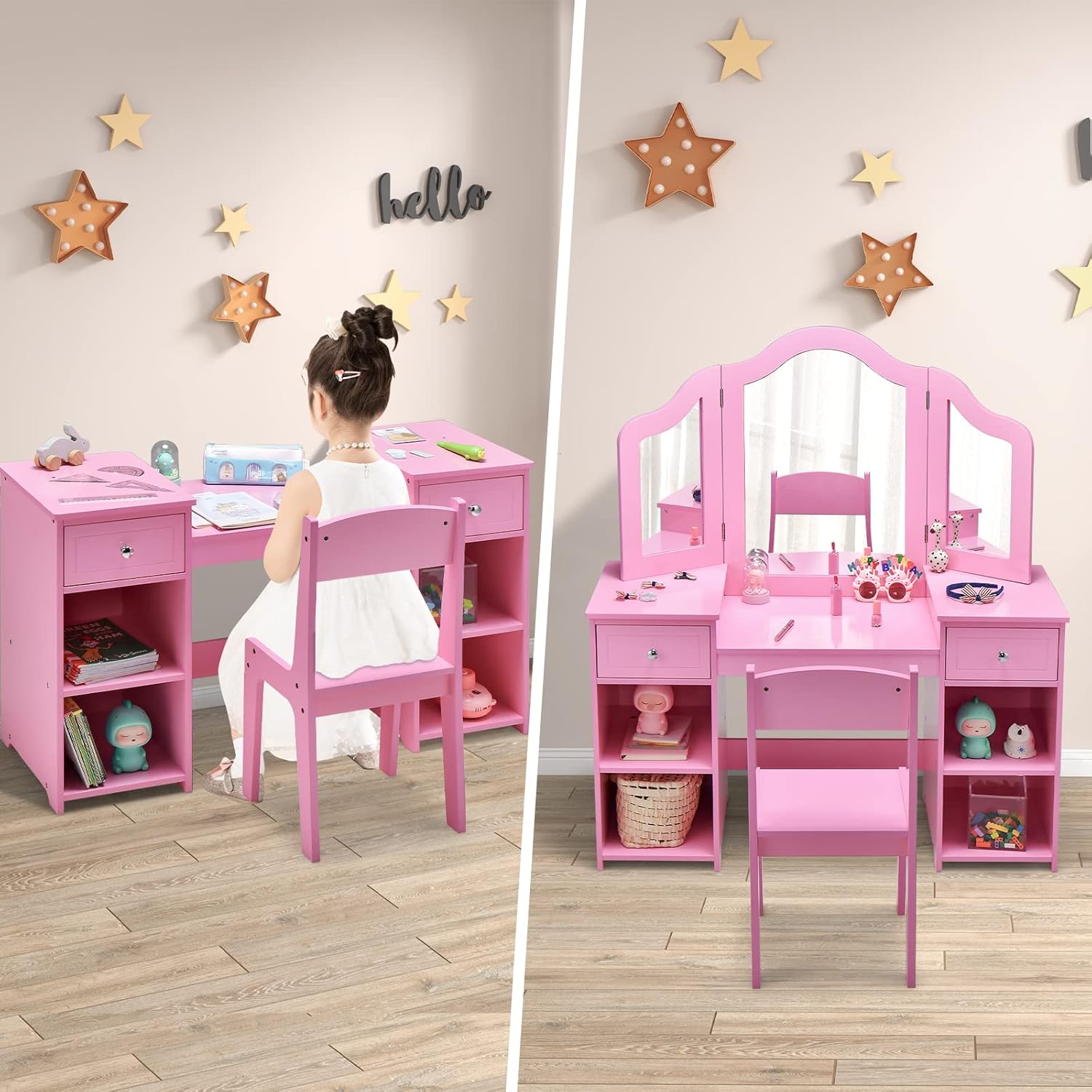 OLAKIDS Kids Vanity, 2 in 1 Wooden Princess Makeup Table and Chair for Toddlers