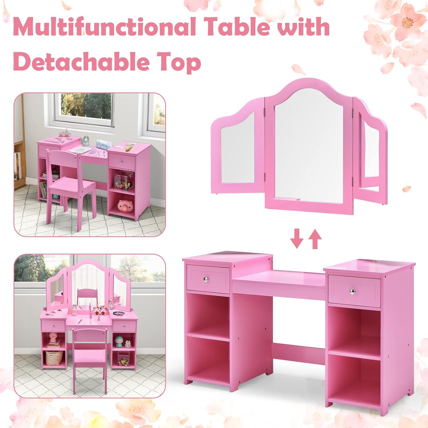 OLAKIDS Kids Vanity, 2 in 1 Wooden Princess Makeup Table and Chair for Toddlers