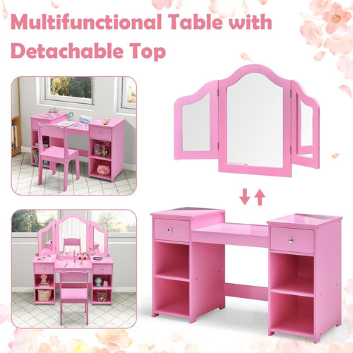 OLAKIDS Kids Vanity, 2 in 1 Wooden Princess Makeup Table and Chair for Toddlers